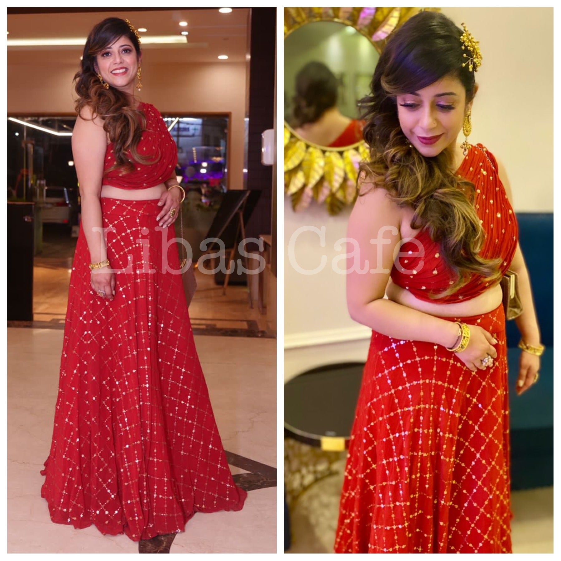 Client In Red Drape Lehenga